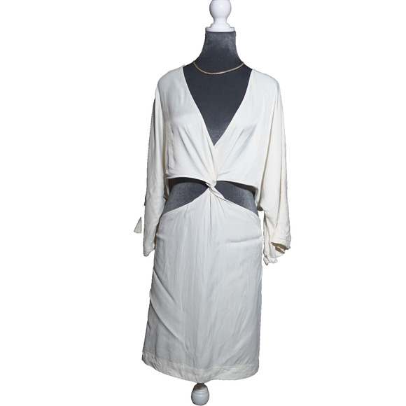H&M Ivory Cut Out 3/4 Sleeve Mini Dress Size XL Lagenlook Plunge Minimalist EUC - Picture 1 of 16